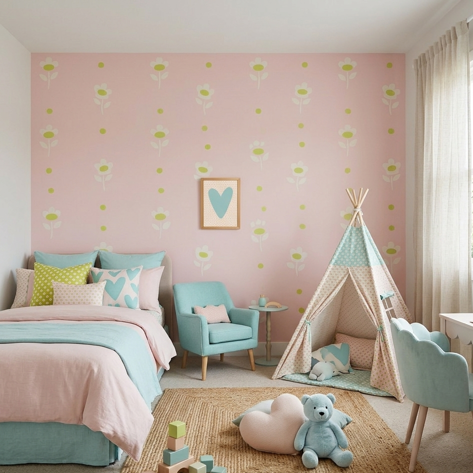 Quadro Infantil Coração rosa fundo azul