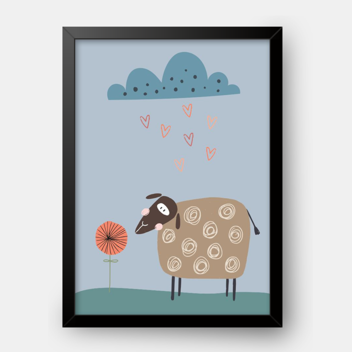 Quadro Infantil Ovelhinha na chuva de corações