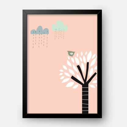 Quadro Infantil Passarinho na Árvore Chuva rosa