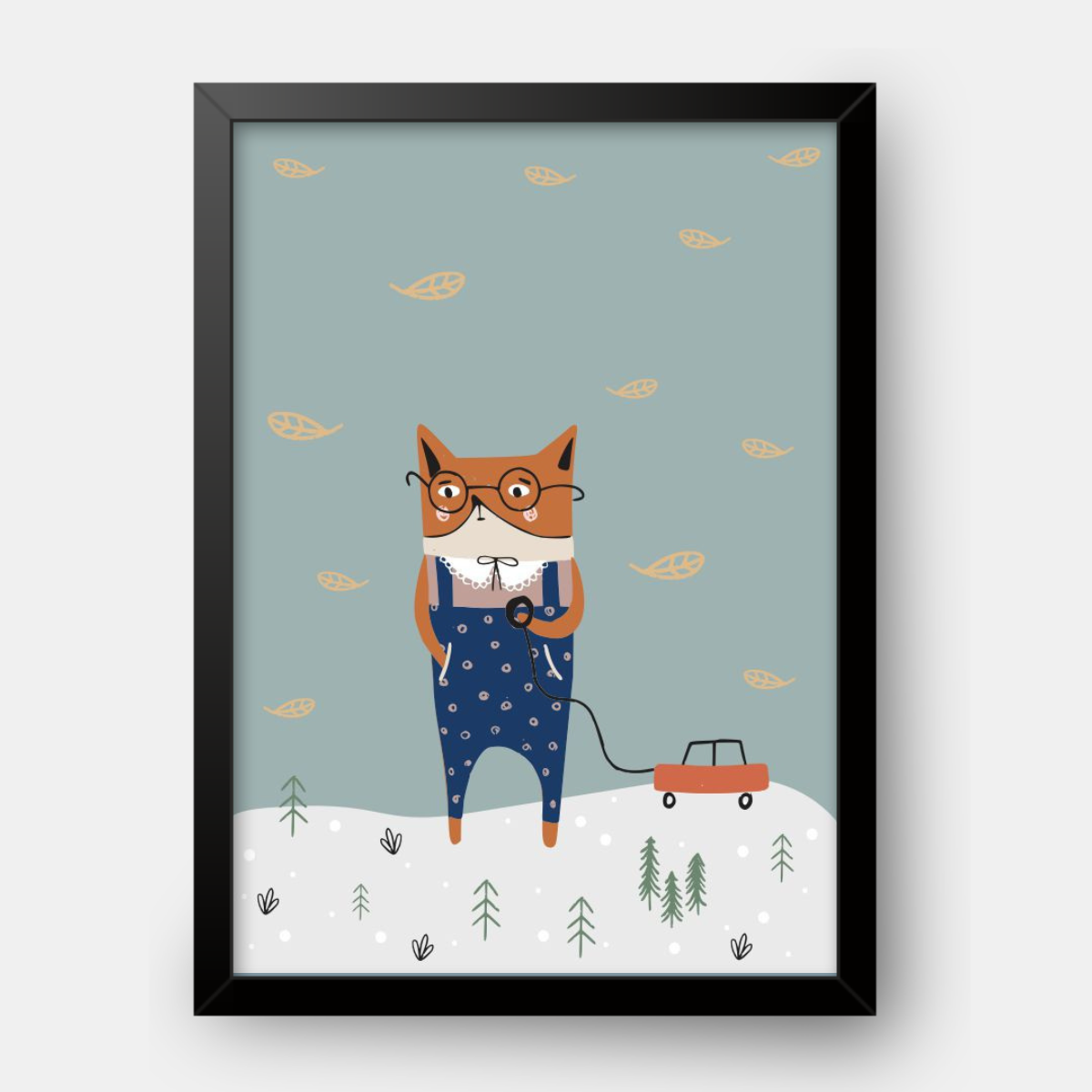 Quadro Infantil Gatinho brincando com carrinho