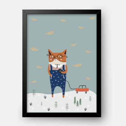 Quadro Infantil Gatinho brincando com carrinho