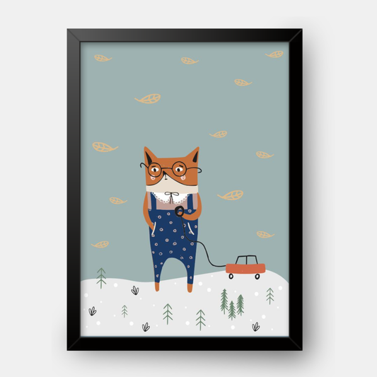 Quadro Infantil Gatinho brincando com carrinho