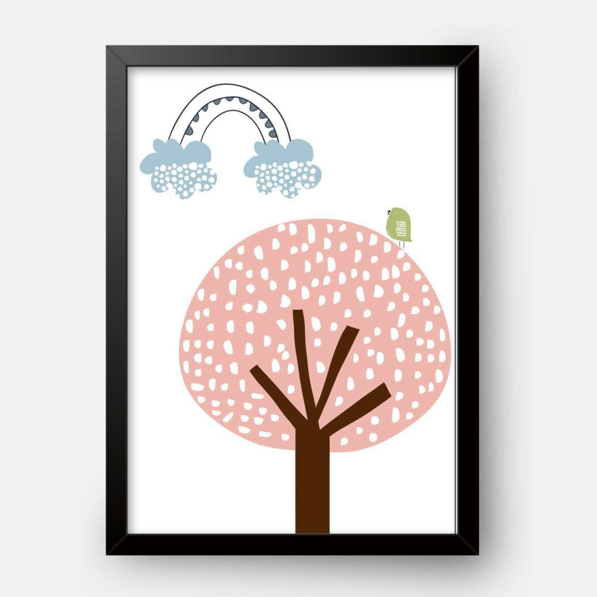 Quadro Infantil Passarinho na Árvore Arco Íris rosa