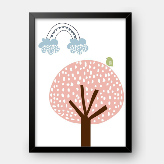 Quadro Infantil Passarinho na Árvore Arco Íris rosa