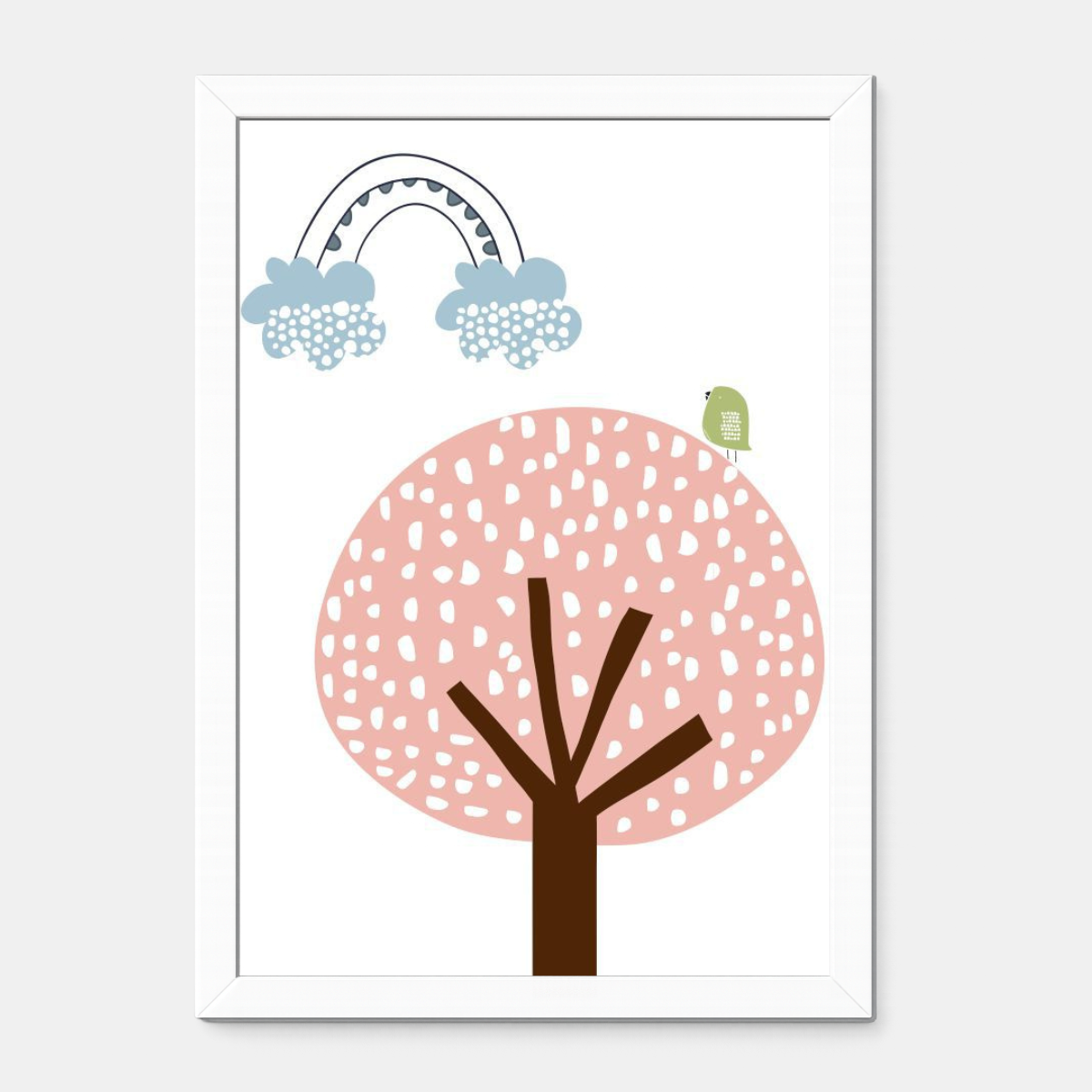 Quadro Infantil Passarinho na Árvore Arco Íris rosa