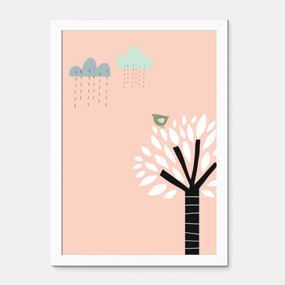 Quadro Infantil Passarinho na Árvore Chuva rosa