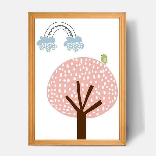 Quadro Infantil Passarinho na Árvore Arco Íris rosa