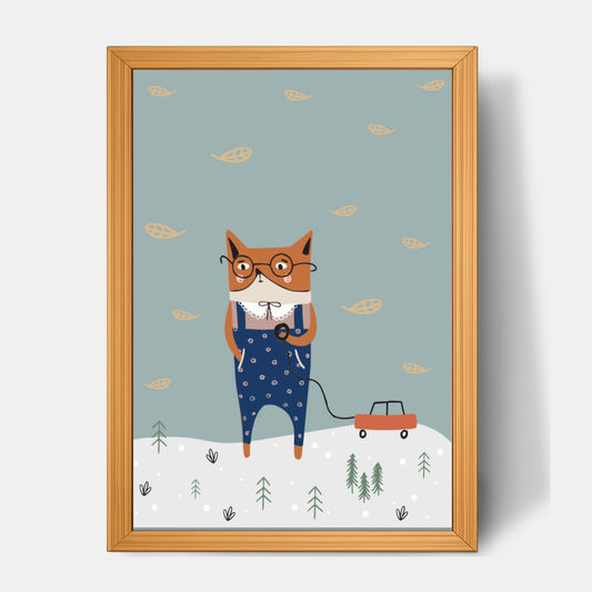Quadro Infantil Gatinho brincando com carrinho