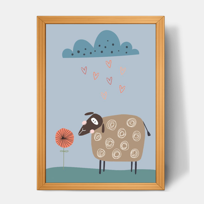 Quadro Infantil Ovelhinha na chuva de corações