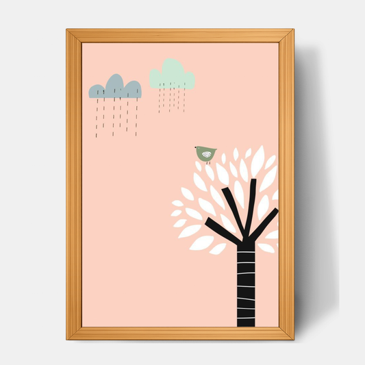 Quadro Infantil Passarinho na Árvore Chuva rosa