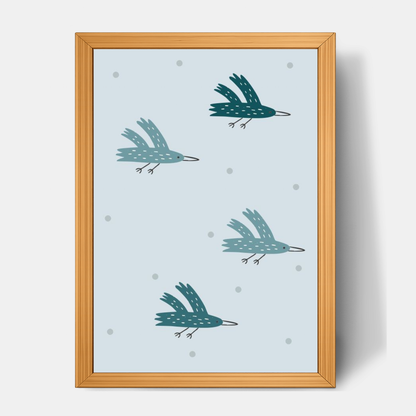 Quadro Infantil Revoada de pássaros Azul