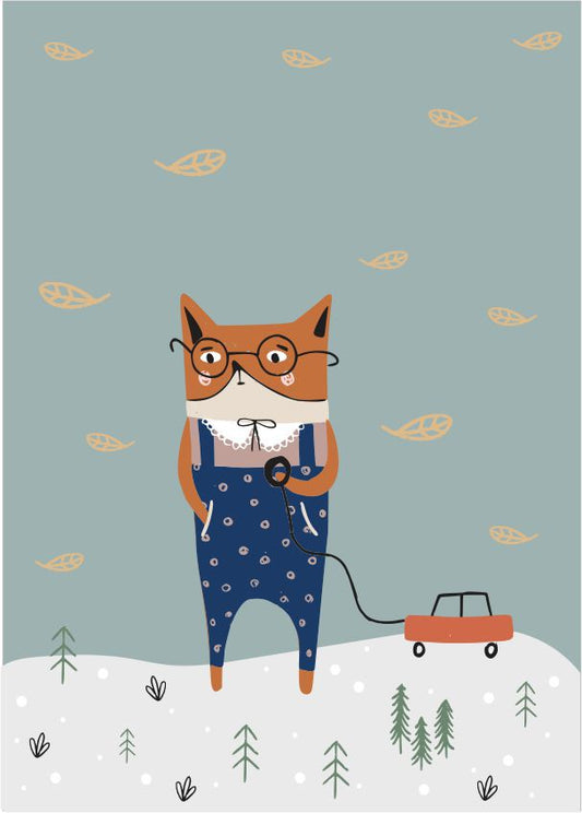 Quadro Infantil Gatinho brincando com carrinho