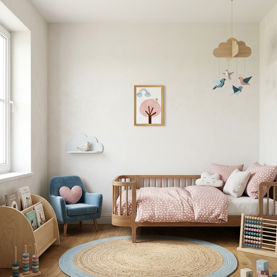Quadro Infantil Passarinho na Árvore Arco Íris rosa