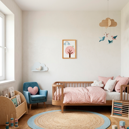 Quadro Infantil Passarinho na Árvore Arco Íris rosa