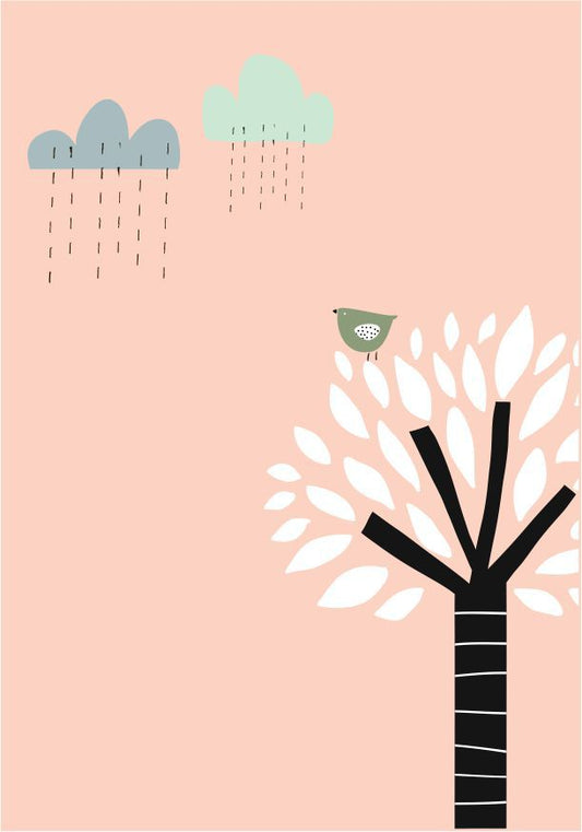 Quadro Infantil Passarinho na Árvore Chuva rosa