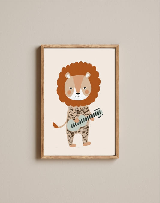 Quadro Aquarelado Leão com Guitarra